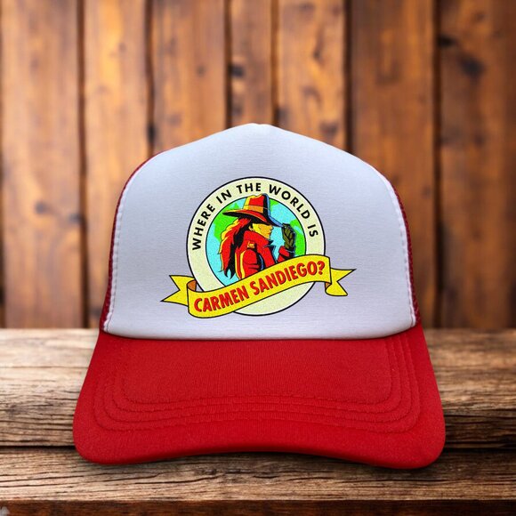 Carmen San Diego Mens Trucker Hat Red Snapback 90s Retro TV Baseball Cap - Picture 1 of 4